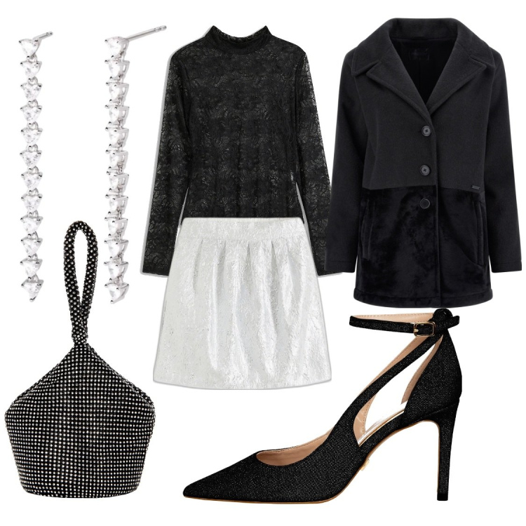 Outfit donna - Dicembre come una regina. Stile Chic per Serata fuori. Abbinamento con body, gonne, orecchini, pochette, décolleté, cappotti.