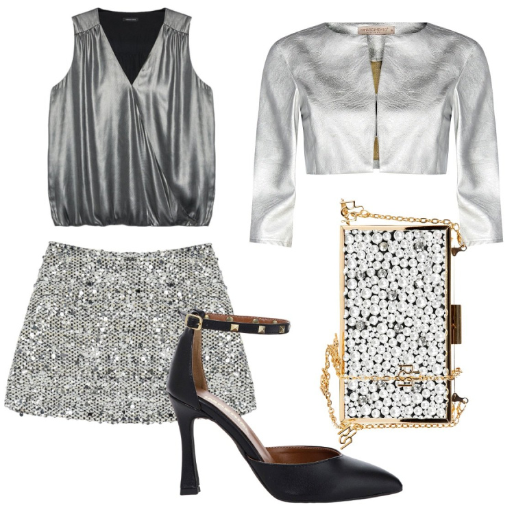 Outfit donna - Pailettes. Stile Casual chic per Serata fuori. Abbinamento con bolero, pochette, minigonne, décolleté, top.