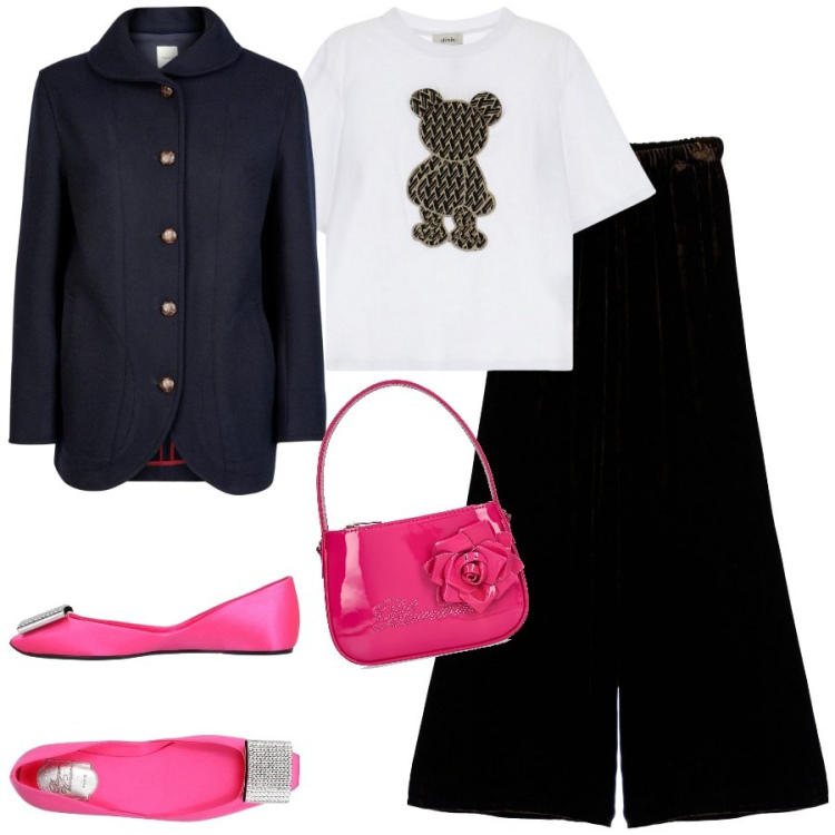 Outfit donna - Ballerine con strass. Stile Glamour per Serata fuori. Abbinamento con ballerine con strass senza tacco con punta quadrata in raso tinta unita, t-shirt, pantaloni, blazer, borse a mano.