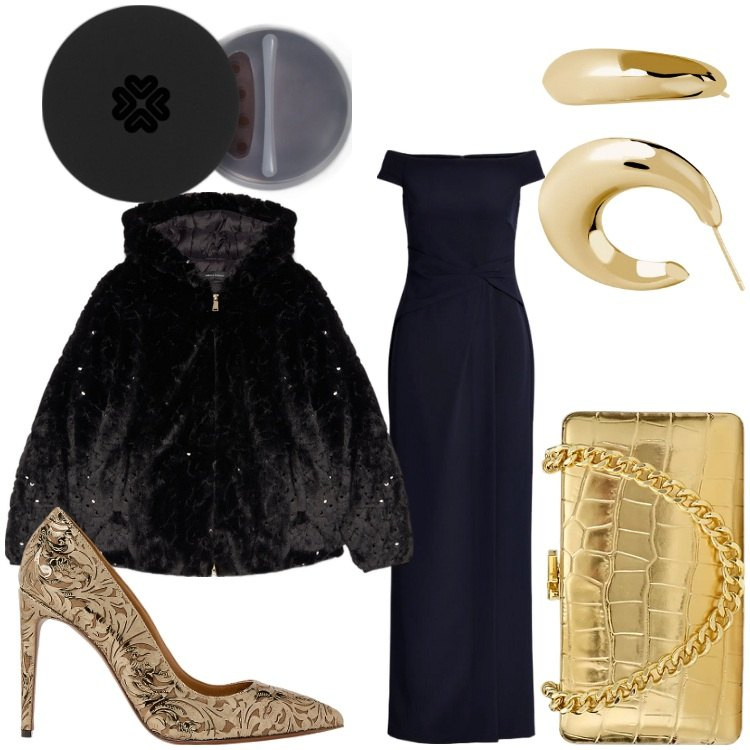 Outfit donna - Gold. Stile Chic per Serata fuori. Abbinamento con ombretti, orecchini, vestiti lunghi, décolleté, clutch, blazer.