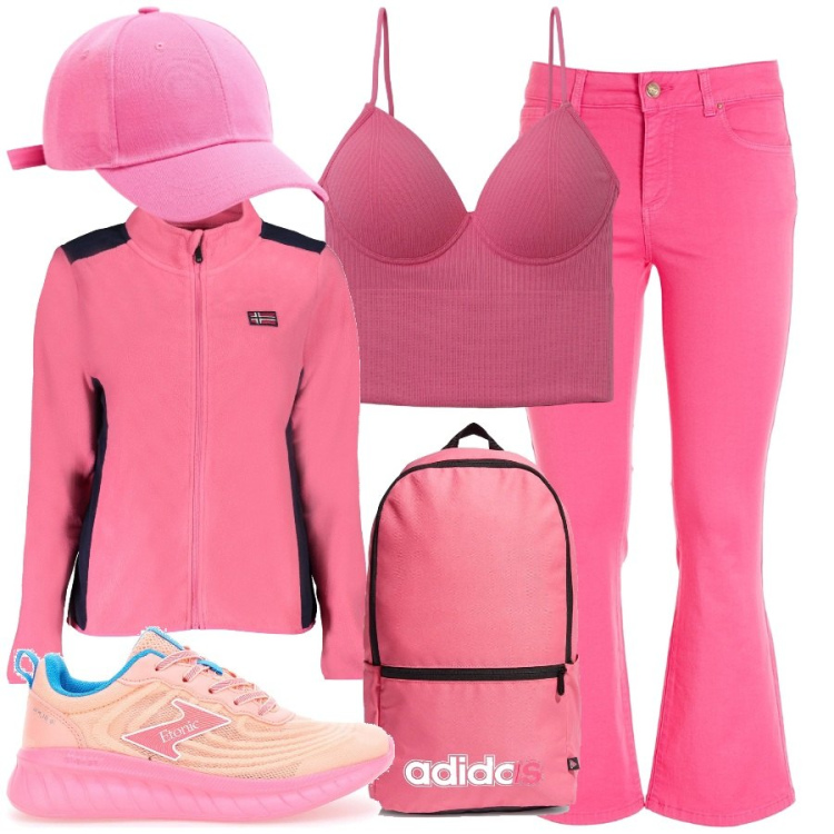 Outfit donna - Idee regalo in rosa sporty. Stile Sporty chic per Sport. Abbinamento con top, cappelli, jeans, sneakers, felpe, zaini.