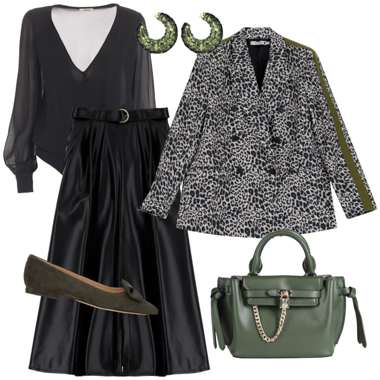 Outfit donna - Outfit elegante. Stile Chic per Tutti i giorni. Abbinamento con borse a mano, body, blazer, gonne lunghe, ballerine, orecchini.