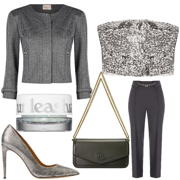 Outfit donna - Come una stella. Stile Chic per Serata fuori. Abbinamento con ombretti, blazer, pantaloni, top, borse a spalla, décolleté.