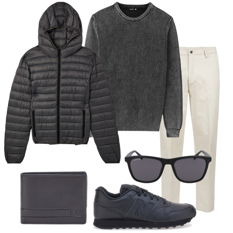 Outfit uomo - Un po\' di sole. Stile Trendy per Tutti i giorni. Abbinamento con maglieria, giacche, pantaloni, sneakers, portafogli, occhiali da sole.