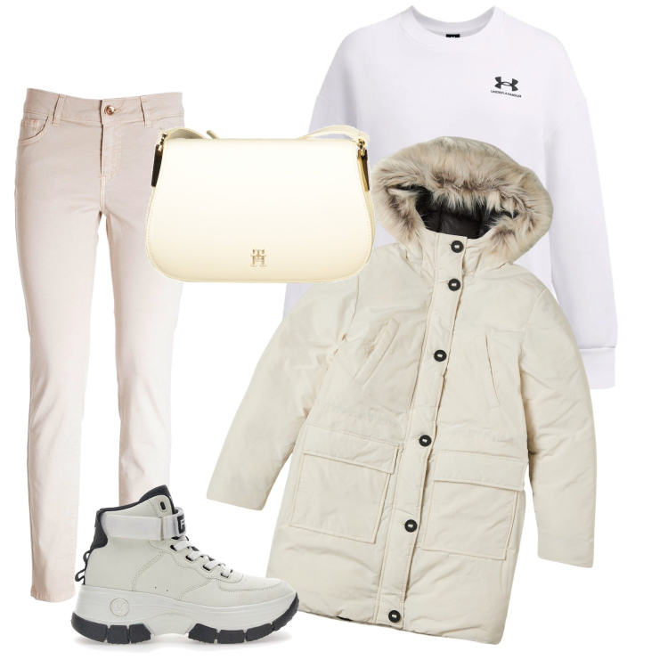 Outfit donna - White Christmas. Stile Casual chic per Tutti i giorni. Abbinamento con parka, jeans skinny, felpe, stivaletti, borse a tracolla.