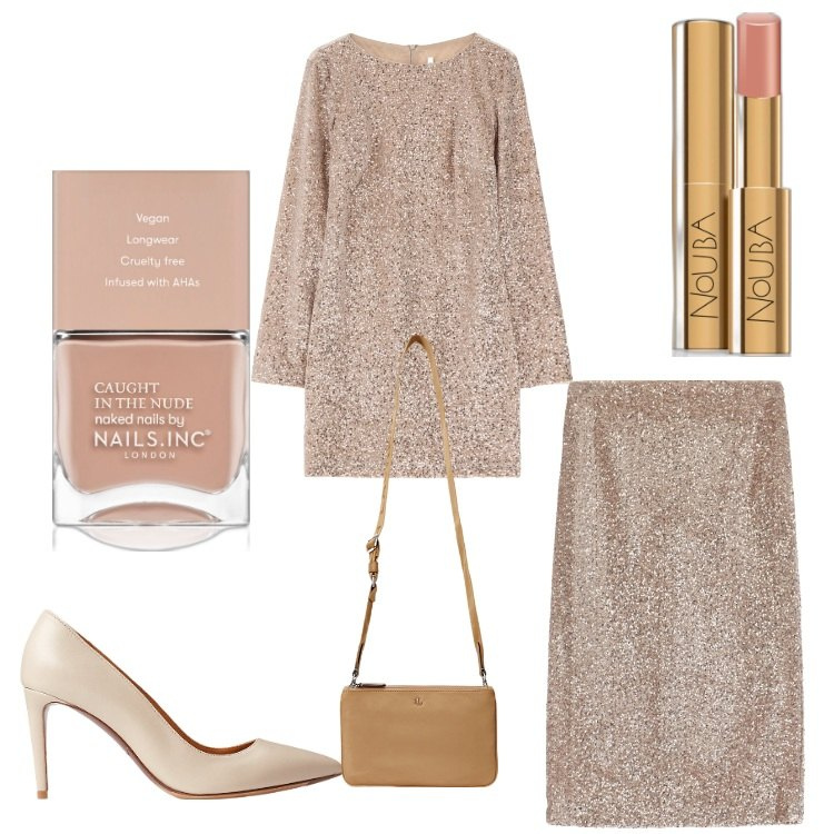 Outfit donna - Scintille. Stile Chic per Serata fuori. Abbinamento con smalti, rossetti, vestiti corti, gonne, borse a tracolla, décolleté.