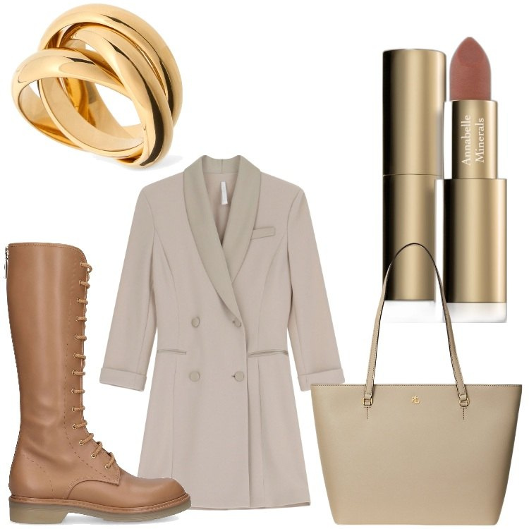 Outfit donna - Un vestito doppiopetto. Stile Casual chic per Ufficio. Abbinamento con rossetti, vestiti corti, borse tote, anelli, stivali.