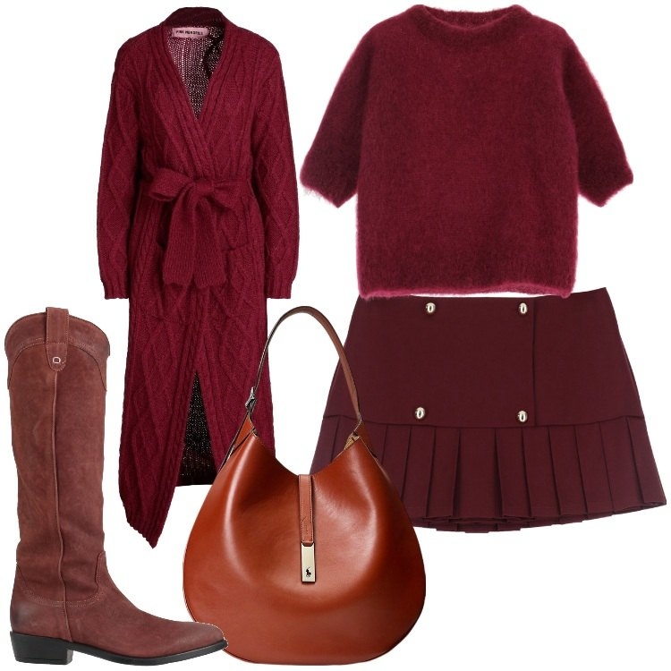 Outfit donna - Burgundy. Stile Casual chic per Serata fuori. Abbinamento con cardigans, stivali, minigonne, borse a spalla, maglieria.