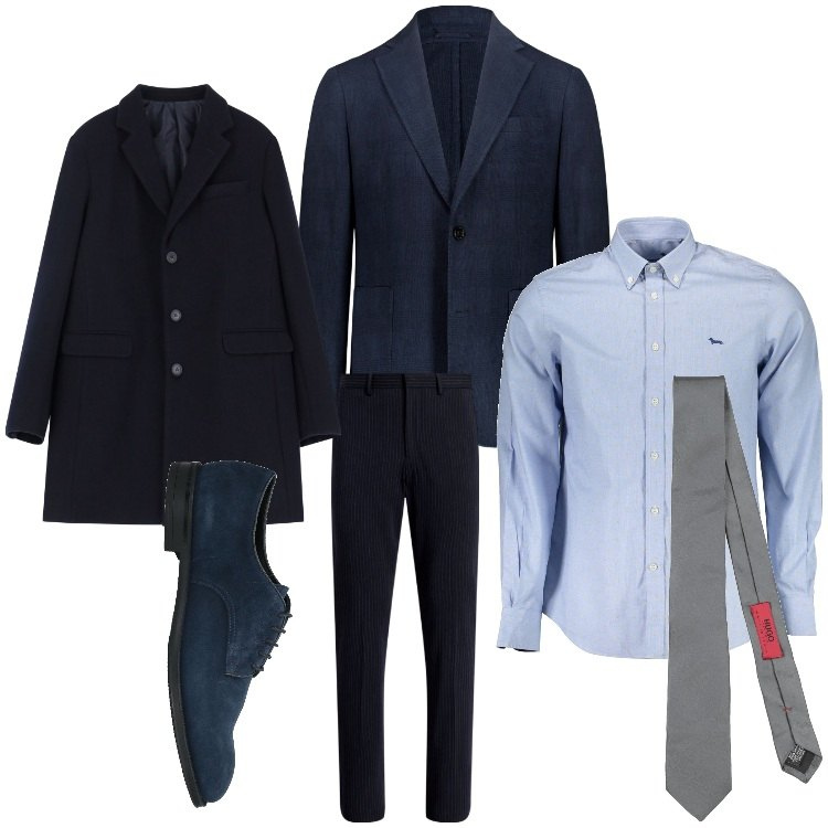 Outfit uomo - Elegante in blu. Stile Business/Elegante per Ufficio. Abbinamento con scarpe stringate, cravatte, cappotti, pantaloni, giacche, camicie.