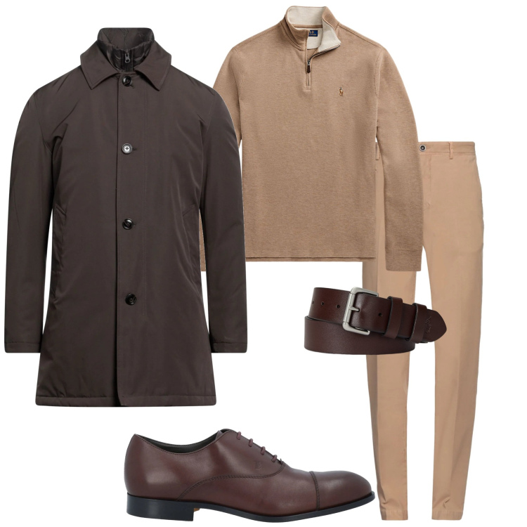 Outfit uomo - Casual chic. Stile Urban per Ufficio. Abbinamento con pantaloni chino, cappotti, scarpe stringate, cinture, pullovers.