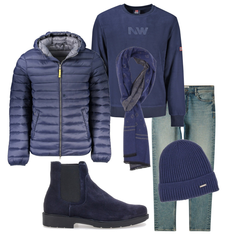 Outfit uomo - In città. Stile Casual per Tutti i giorni. Abbinamento con jeans skinny, stivali e stivaletti, felpe, giacche, sciarpe, berretti.