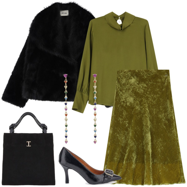 Outfit donna - Total look #2018974. Stile Glamour per Serata fuori. Abbinamento con orecchini, shopping bag, gonne lunghe, camicie, ecopellicce, décolleté.