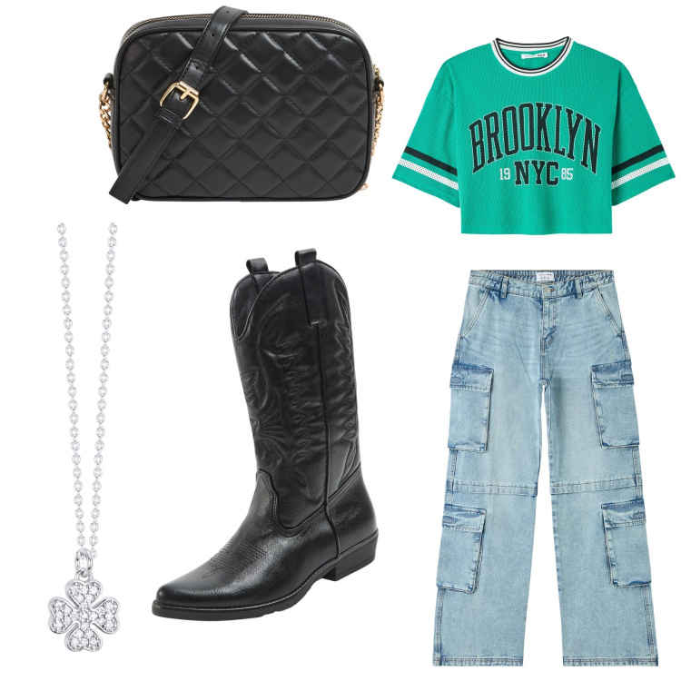 Outfit donna - Total look #2018975. Stile Casual per Tutti i giorni. Abbinamento con borse a tracolla, stivali, jeans, t-shirt, collane.