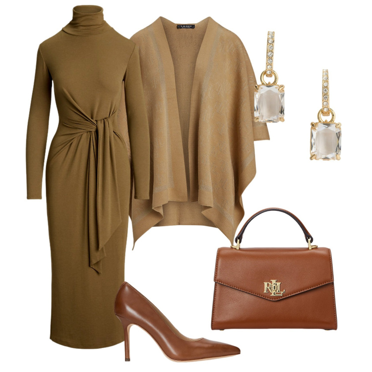 Outfit donna - Regina in marrone. Stile Glamour per Serata fuori. Abbinamento con borse a mano, décolleté, orecchini, vestiti, cappe.