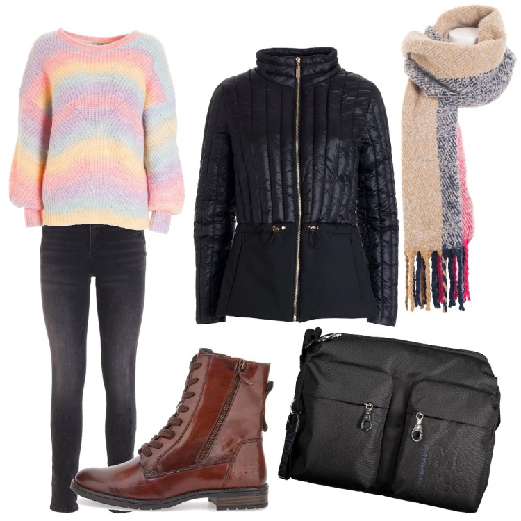 Outfit donna - Total look #2018992. Stile Casual chic per Tutti i giorni. Abbinamento con piumini, maglieria, jeans skinny, sciarpe, anfibi, borse a tracolla.