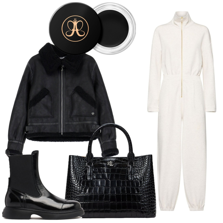 Outfit donna - Jumpsuit. Stile Casual chic per Ufficio. Abbinamento con ombretti, blazer, borse a mano, stivaletti chelsea, tute.