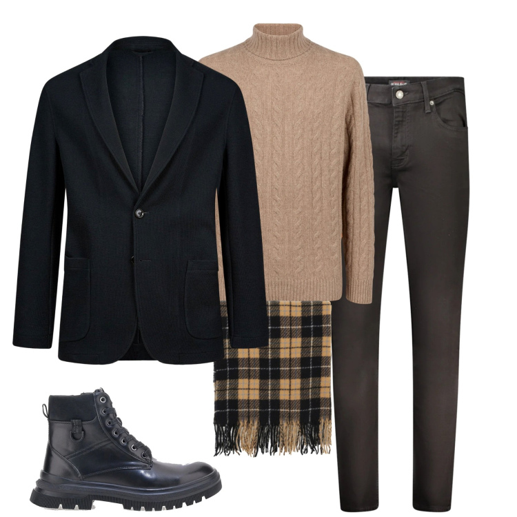 Outfit uomo - Total look #2019015. Stile Casual per Tutti i giorni. Abbinamento con sciarpe, giacche, maglieria, jeans skinny, anfibi.