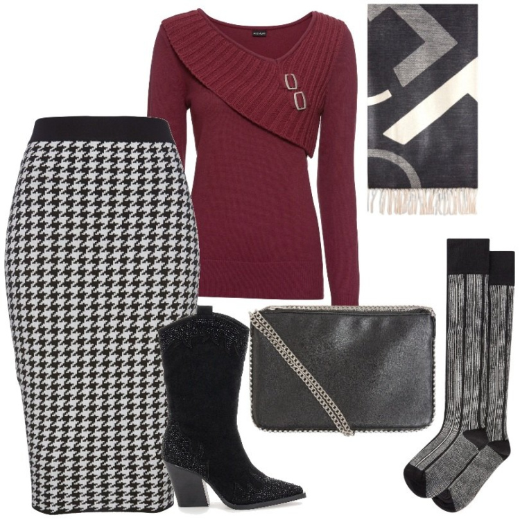 Outfit donna - Gonna in maglia elegante con spacco. Stile Trendy per Tutti i giorni. Abbinamento con maglieria, gonne, borse a tracolla, stivaletti, sciarpe, collant.