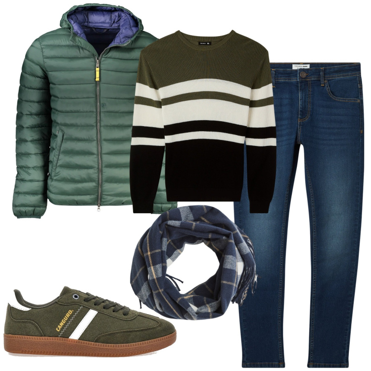 Outfit uomo - Total look #2019024. Stile Casual per Tutti i giorni. Abbinamento con sciarpe, maglieria, jeans skinny, sneakers, giacche.