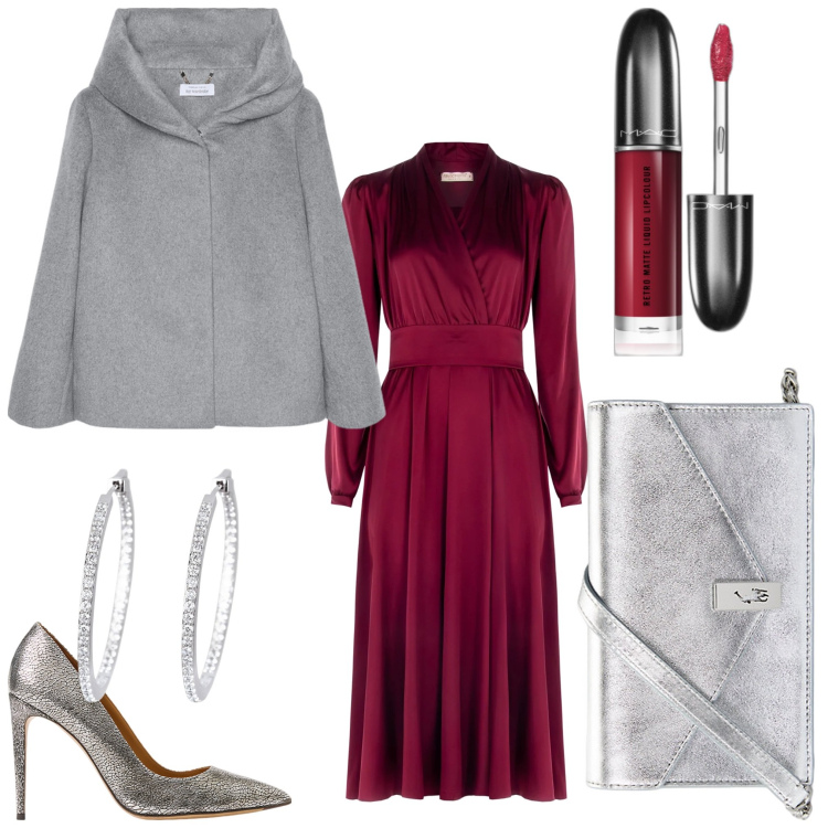 Outfit donna - Signora d\'argento. Stile Chic per Serata fuori. Abbinamento con rossetti, orecchini, vestiti lunghi, clutch, décolleté, cappe.