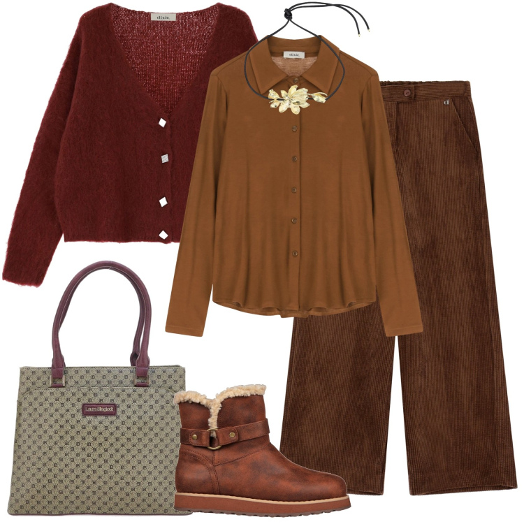 Outfit donna - Dixie collection. Stile Casual chic per Tutti i giorni. Abbinamento con camicie, cardigans, pantaloni, collane, stivaletti, borse a spalla.