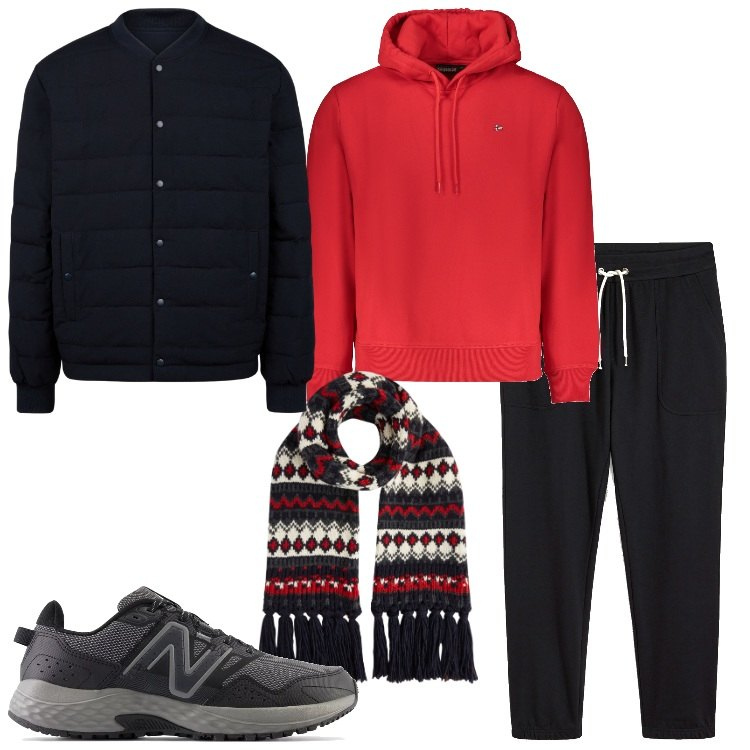 Outfit uomo - Look casual a Natale. Stile Casual per Tutti i giorni. Abbinamento con pantaloni sportivi, scarpe sportive, piumini, felpe con cappuccio, sciarpe.