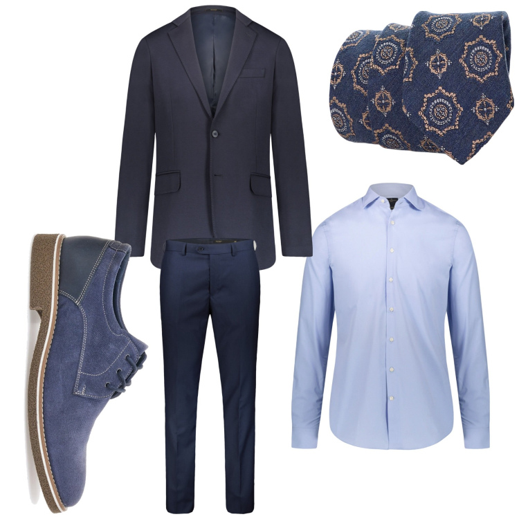 Outfit uomo - Cravatta in ufficio. Stile Business/Elegante per Ufficio. Abbinamento con cravatte, camicie, giacche, scarpe stringate, pantaloni.