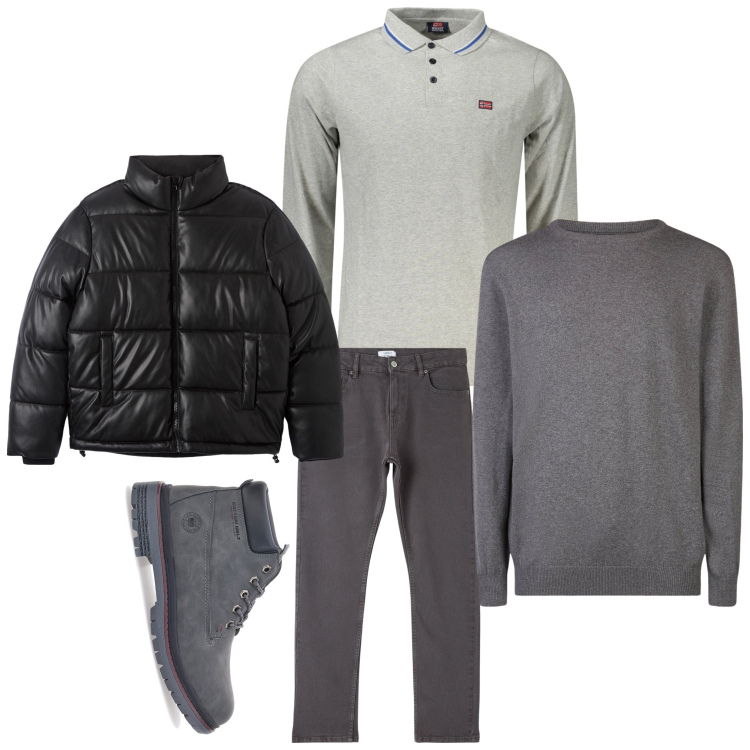 Outfit uomo - Variazioni in grigio. Stile Casual per Tutti i giorni. Abbinamento con piumini, pantaloni, maglieria, polo, stivali e stivaletti.