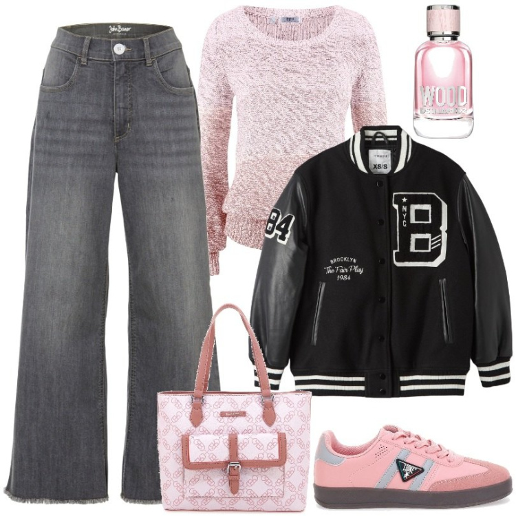 Outfit donna - Total look #2019048. Stile Basic per Tutti i giorni. Abbinamento con jeans, maglieria, profumi, bomber, sneakers, borse a spalla.