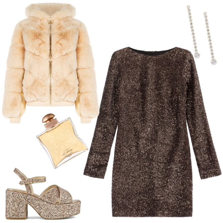 Outfit donna - Total look #2019049. Stile Vintage retrò per Serata fuori. Abbinamento con profumi, blazer, vestiti corti, orecchini, sandali.