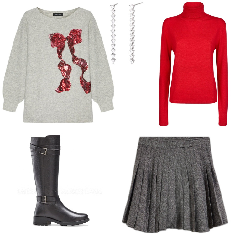 Outfit donna - Total look #2019055. Stile Casual per Scuola/Università. Abbinamento con minigonne, stivali, orecchini, maglieria, maglieria.