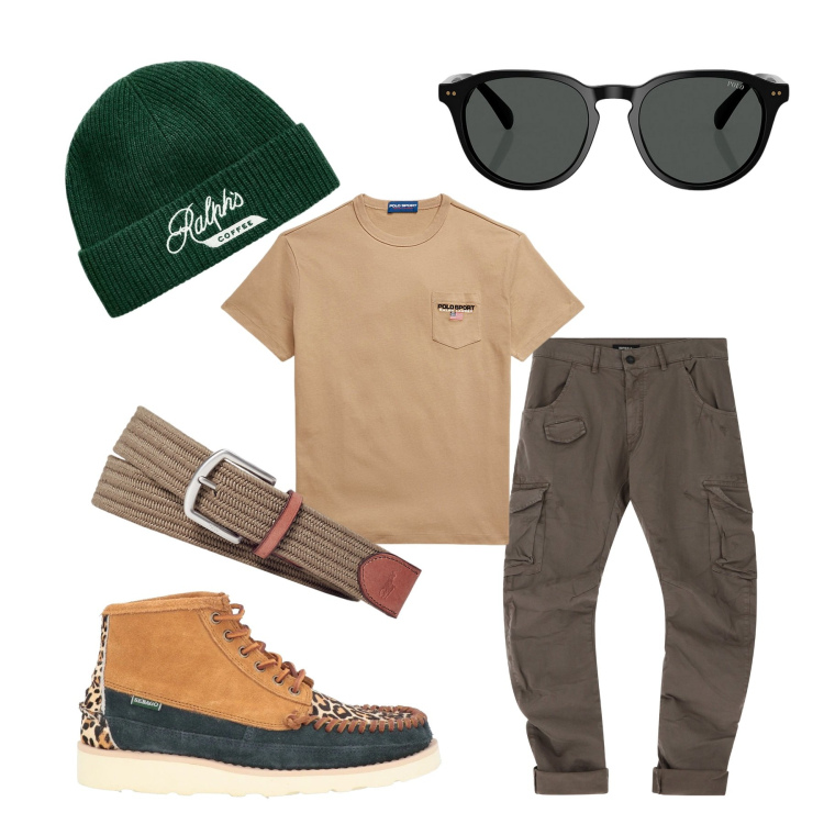 Outfit uomo - Total look #2019060. Stile Casual per Tutti i giorni. Abbinamento con stivali e stivaletti, pantaloni cargo, cinture, t-shirt, occhiali da sole, berretti.