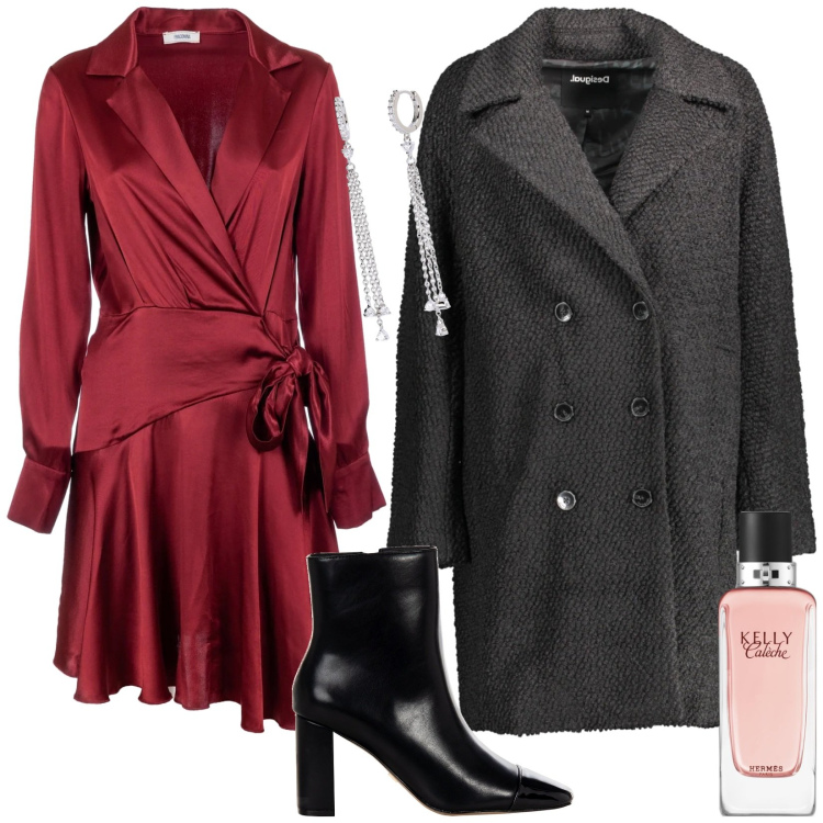 Outfit donna - Red Velvet. Stile Bon Ton per Serata fuori. Abbinamento con profumi, orecchini, stivaletti, vestiti, cappotti.