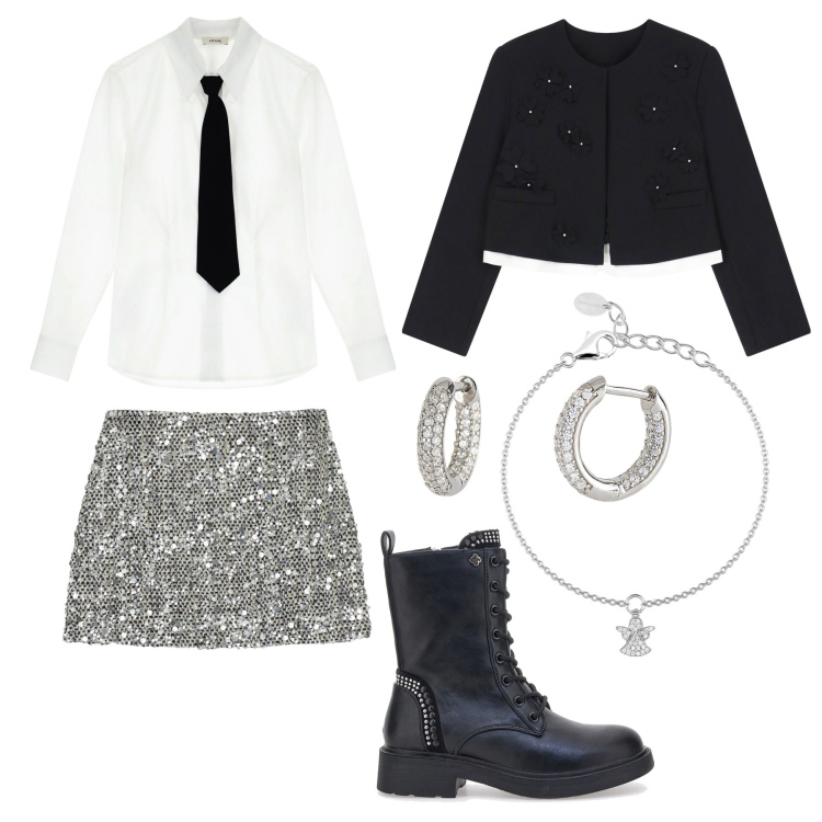 Outfit donna - Un angelo rock in città !. Stile Trendy per Serata fuori. Abbinamento con braccialetti con ciondoli, orecchini, blazer, minigonne, camicie, anfibi.