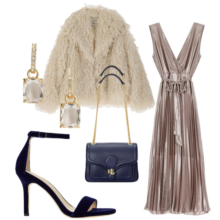 Outfit donna - Dixie city of angels. Stile Glamour per Serata fuori. Abbinamento con vestiti midi/longuette, cappotti, borse a spalla, orecchini, sandali col tacco.