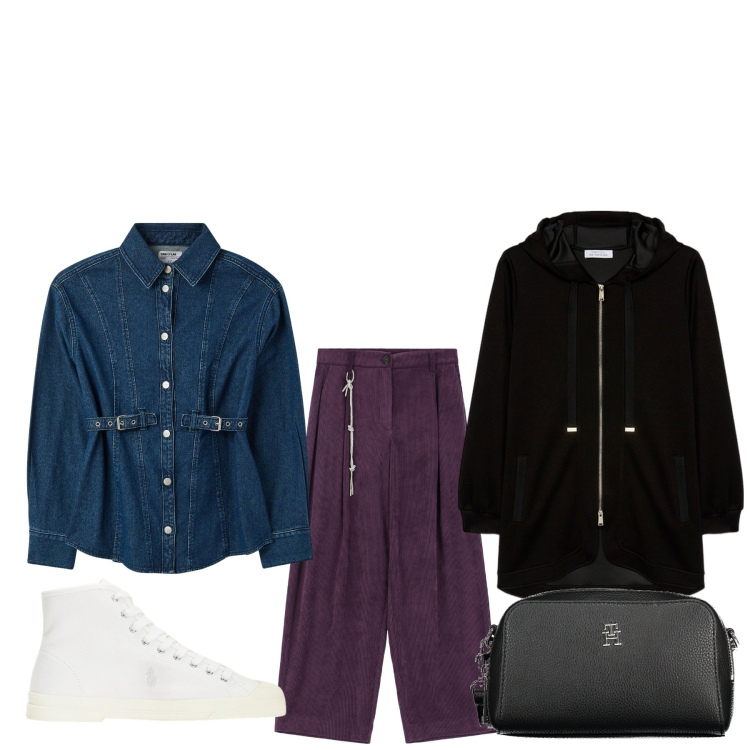 Outfit donna - Camicia di jeans con cintura. Stile Basic per Tutti i giorni. Abbinamento con camicie, pantaloni a palazzo, sneakers alte, felpe con cappuccio, borse a tracolla.