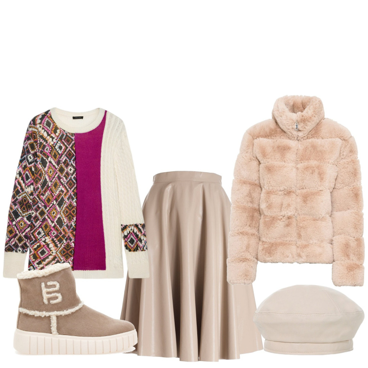 Outfit donna - In giro a Cortina. Stile Basic per Tutti i giorni. Abbinamento con ecopellicce, gonne longuette, cappelli e berretti, stivaletti, maglieria.