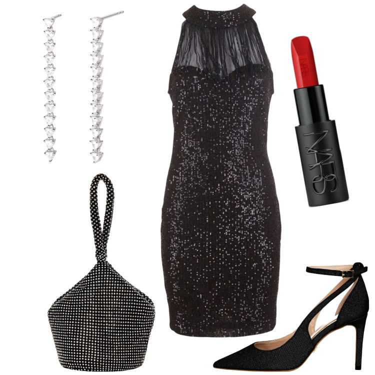 Outfit donna - Brilliamo. Stile Chic per Serata fuori. Abbinamento con rossetti, orecchini, pochette, décolleté, vestiti.