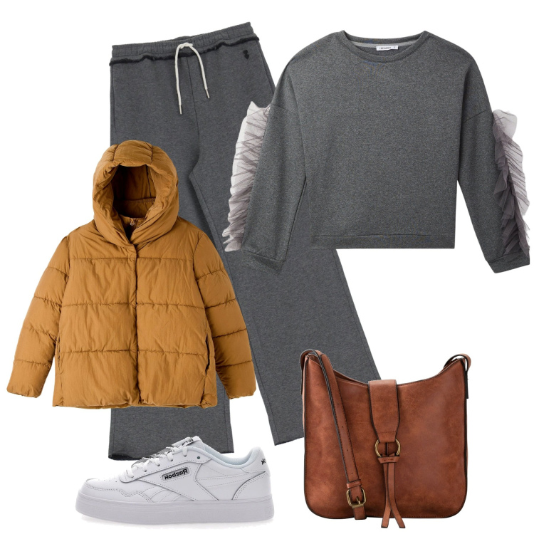 Outfit donna - Comfy style. Stile Trendy per Tutti i giorni. Abbinamento con borse a tracolla, piumini, felpe, pantaloni a palazzo, sneakers.