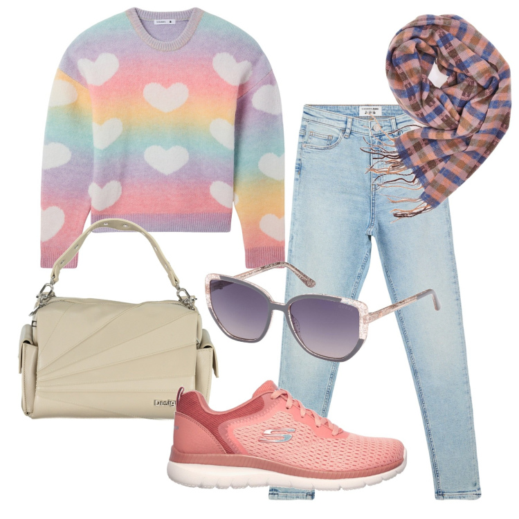 Outfit donna - Rainbow. Stile Romantica per Tutti i giorni. Abbinamento con jeans skinny, maglieria, sciarpe, sneakers, occhiali da sole, borse a spalla.