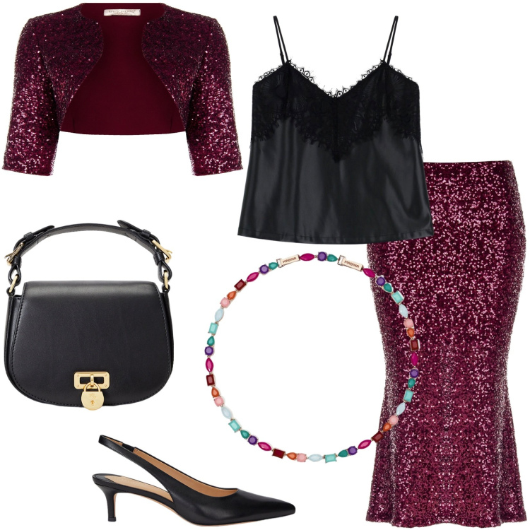 Outfit donna - Sparkling total look. Stile Glamour per Serata fuori. Abbinamento con collane, bolero, gonne longuette, top, borse a tracolla, décolleté.