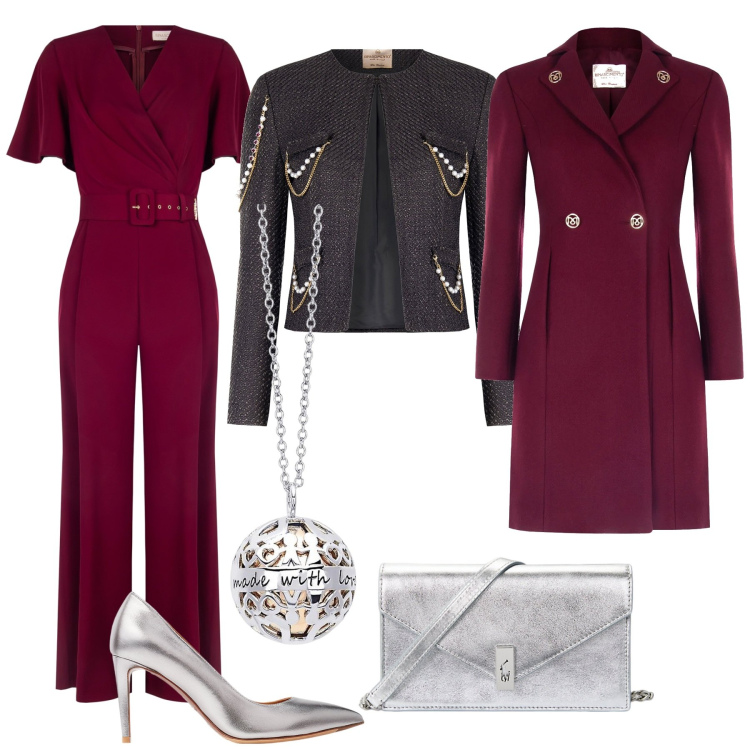 Outfit donna - Bordeaux e grigio, e ci sei. Stile Chic per Serata fuori. Abbinamento con collane, tute, cappotti, blazer, clutch, décolleté.