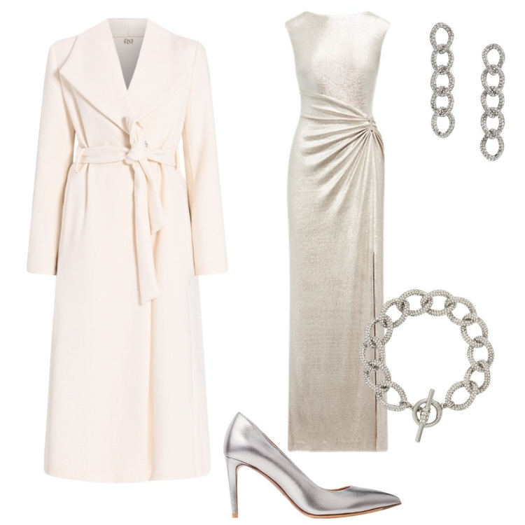 Outfit donna - Come una regina. Stile Chic per Serata fuori. Abbinamento con cappotti, vestiti, décolleté, orecchini, braccialetti.
