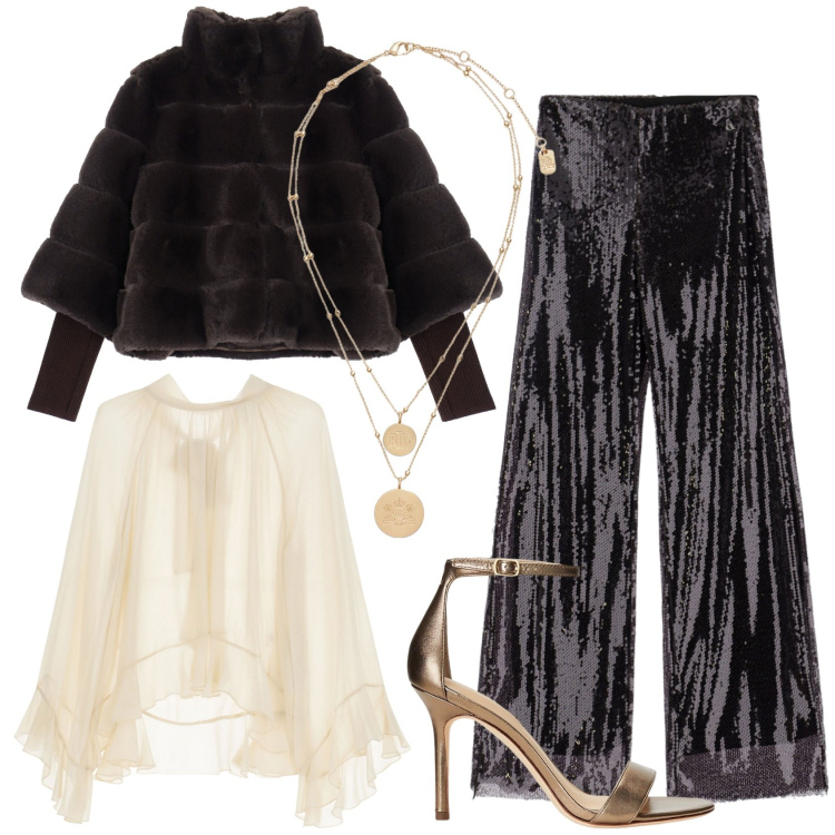 Outfit donna - Dixie city of angels. Stile Glamour per Serata fuori. Abbinamento con camicie, blazer, pantaloni a palazzo, ciondoli, sandali in pelle.