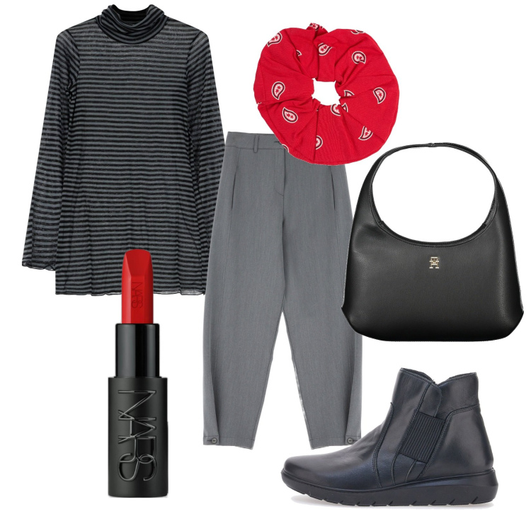 Outfit donna - Total look #2019139. Stile Trendy per Tutti i giorni. Abbinamento con rossetti, maglieria, pantaloni, stivaletti, accessori per capelli, borse a spalla.