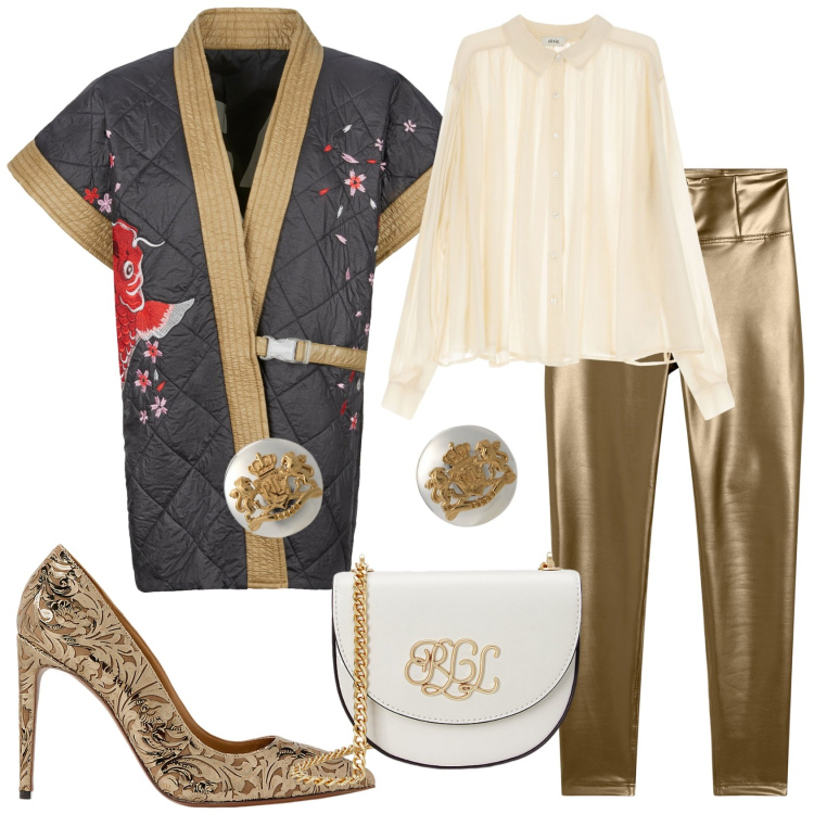 Outfit donna - Gold. Stile Glamour per Serata fuori. Abbinamento con pantaloni skinny, camicie, kimono, orecchini, borse a tracolla, décolleté.