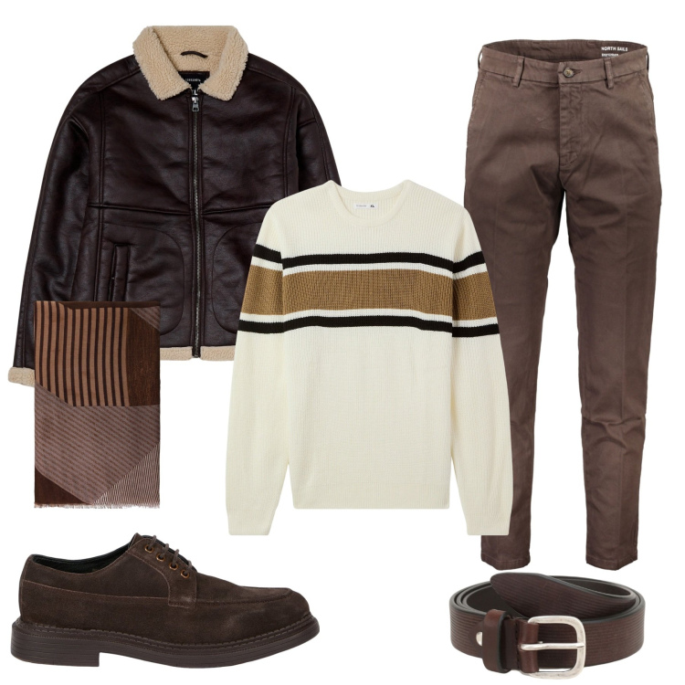 Outfit uomo - Tonalità calde e avvolgenti. Stile Biker Rock per Tutti i giorni. Abbinamento con giacche, maglieria, cinture, sciarpe, scarpe stringate, pantaloni.