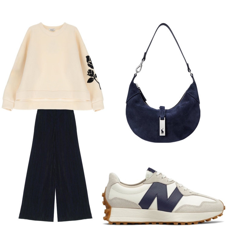 Outfit donna - Aperitivo. Stile Trendy per Tutti i giorni. Abbinamento con sneakers, borse a spalla, pantaloni a palazzo, felpe.
