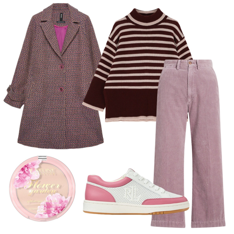 Outfit donna - Pantaloni di velluto rosa lavanda. Stile Romantica per Tutti i giorni. Abbinamento con ciprie, maglieria, pantaloni, sneakers, cappotti.