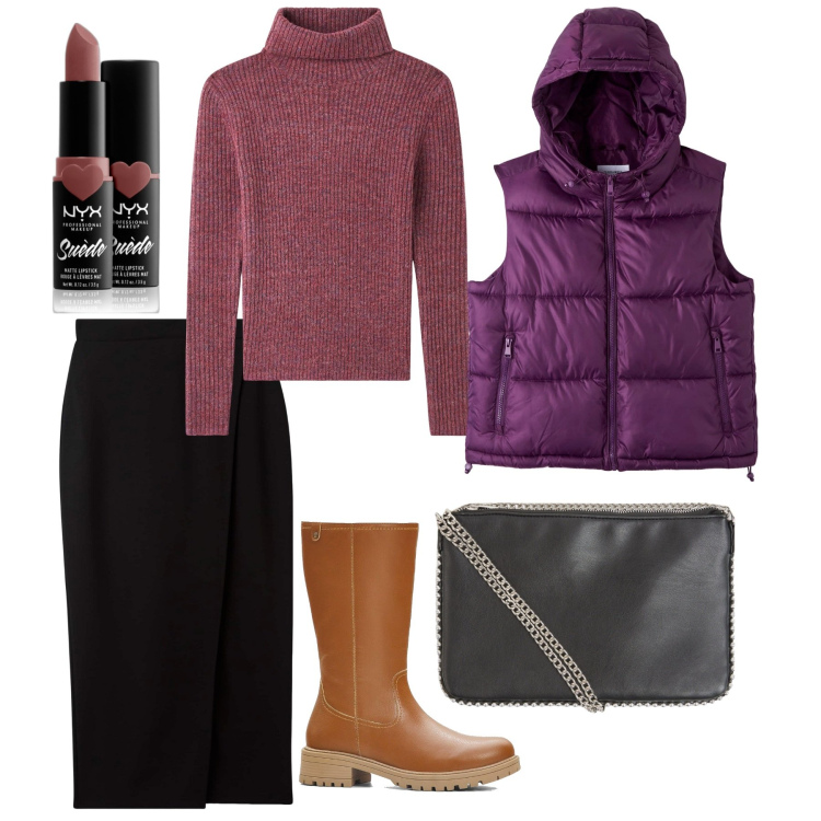 Outfit donna - Melange su tubino. Stile Bon Ton per Ufficio. Abbinamento con stivali, rossetti, borse a tracolla, gonne longuette, maglieria, piumini.